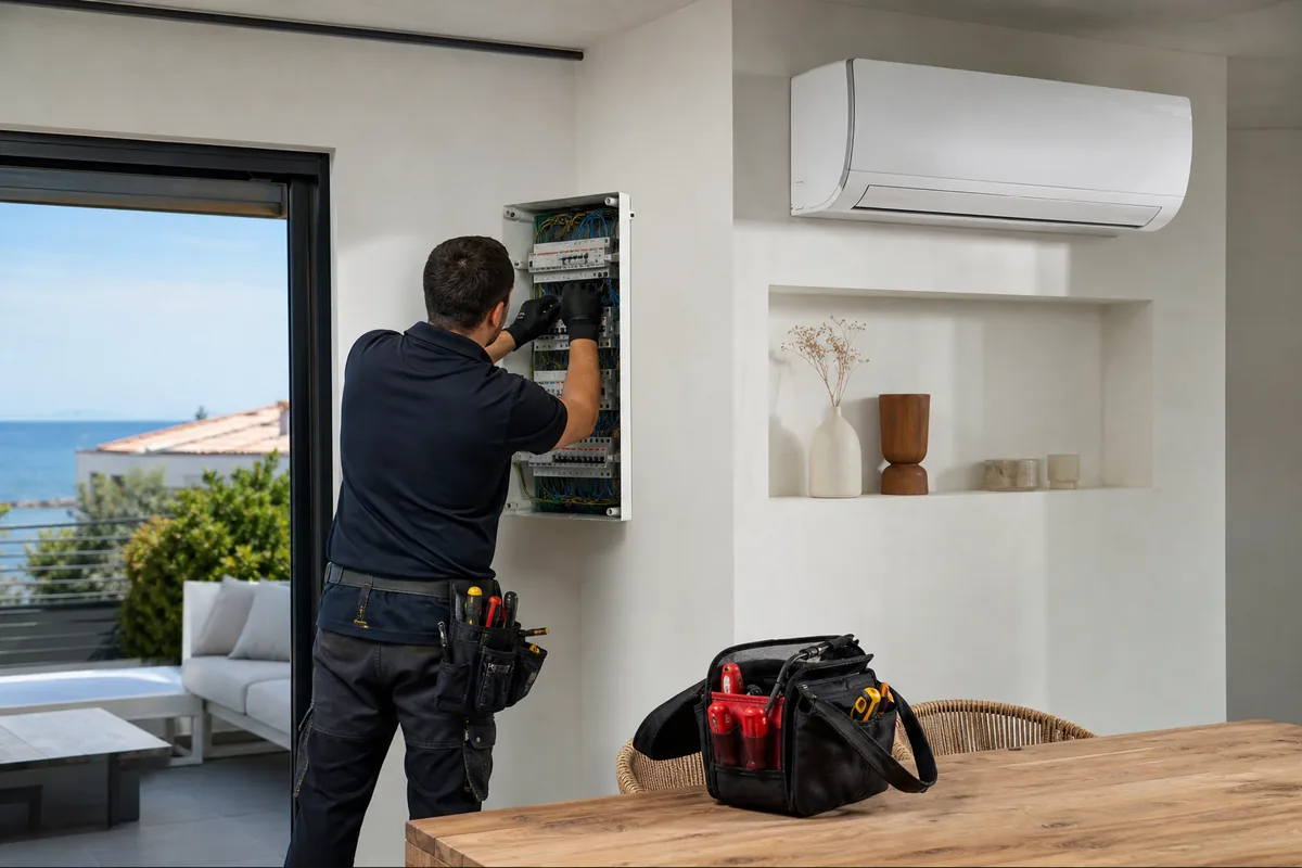 Électricien dépanneur intervenant sur un tableau électrique dans une maison du bassin de Thau